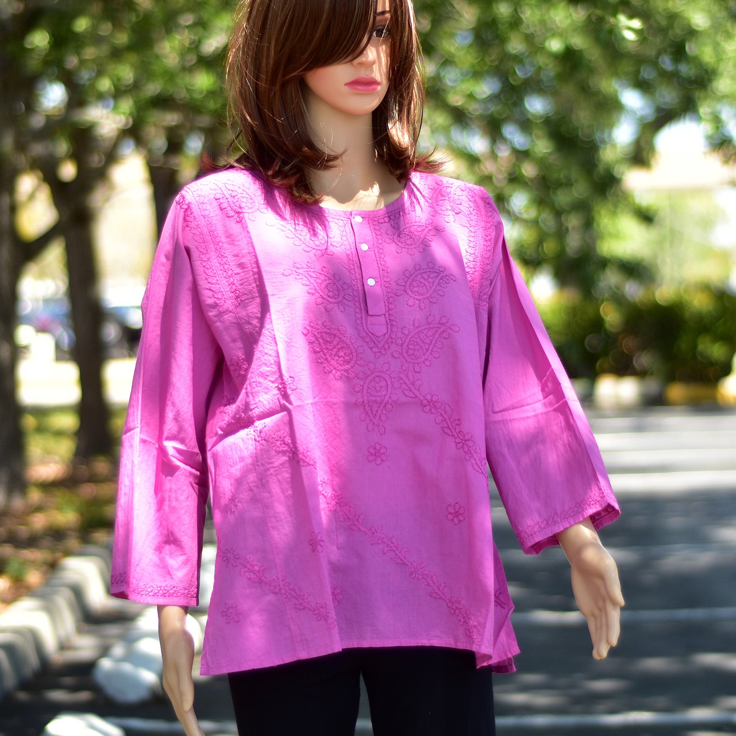 Classic Indian Gauze Cotton Embroidered Plus Sixties Long Sleeve Blouse Top