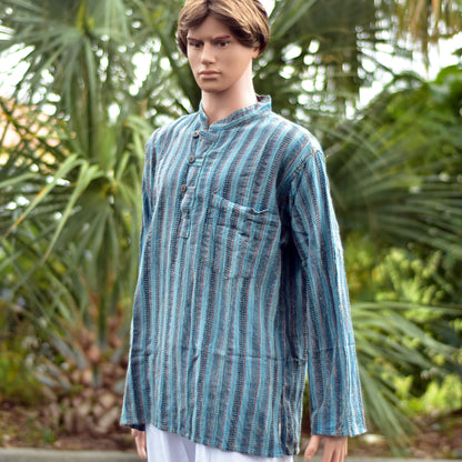 Men's Vintage Indian Heavy Cotton Hippie Ethnic Striped Tunic Shirt