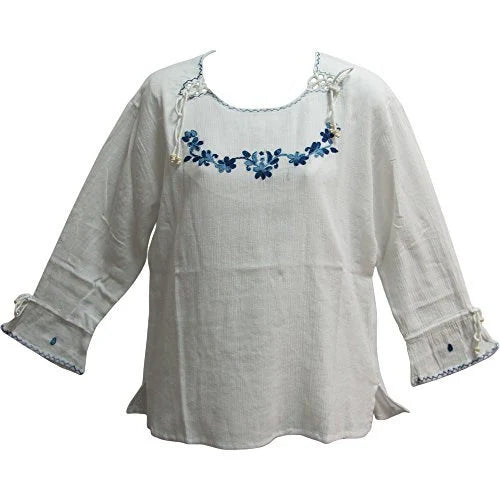 Boho White Gauze Indian Cotton Blue Embroidered Long Sleeves Blouse Tunic Top