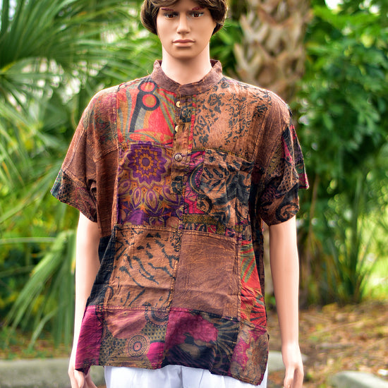 Men's Indian Bohemian Hippie Short Sleeve Vintage Patchwork Shirt main image 1