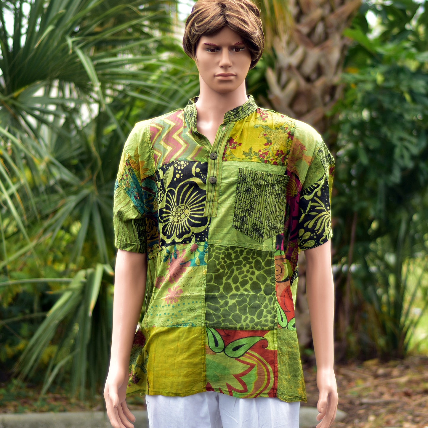 Men's Indian Bohemian Hippie Short Sleeve Vintage Patchwork Shirt