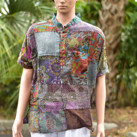 Men's Indian Bohemian Hippie Short Sleeve Vintage Patchwork Shirt main image 0