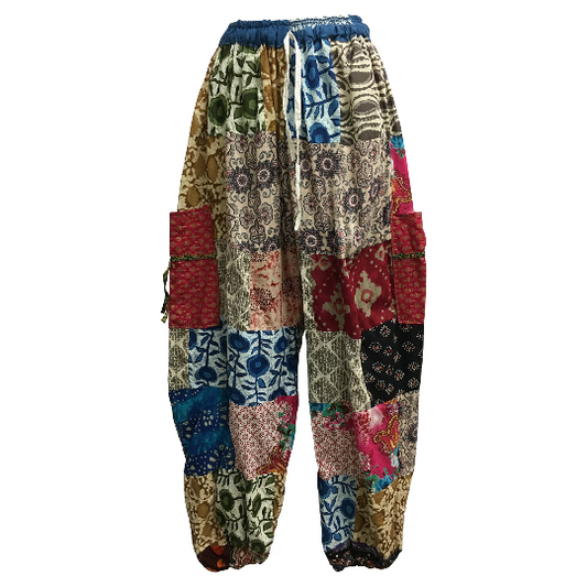 EthnVintage Earthtone Patchwork Unisex Cotton  Boho hippie Yoga Harem Pants With Pockets