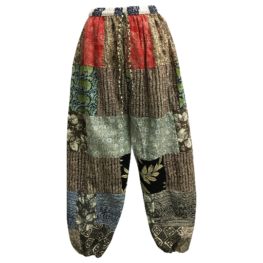 EthnVintage Earthtone Patchwork Unisex Cotton  Boho hippie Yoga Harem Pants With Pockets