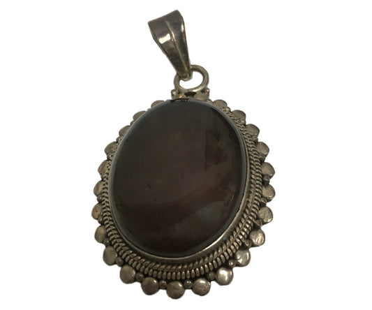 Indian Antique Silver Oval Dark Brown Agate Stone Pendant