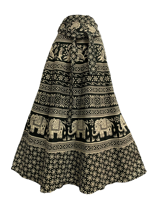 Indian Ethnic Block Print Cotton Boho Black & White Long Wrap Around Skirt