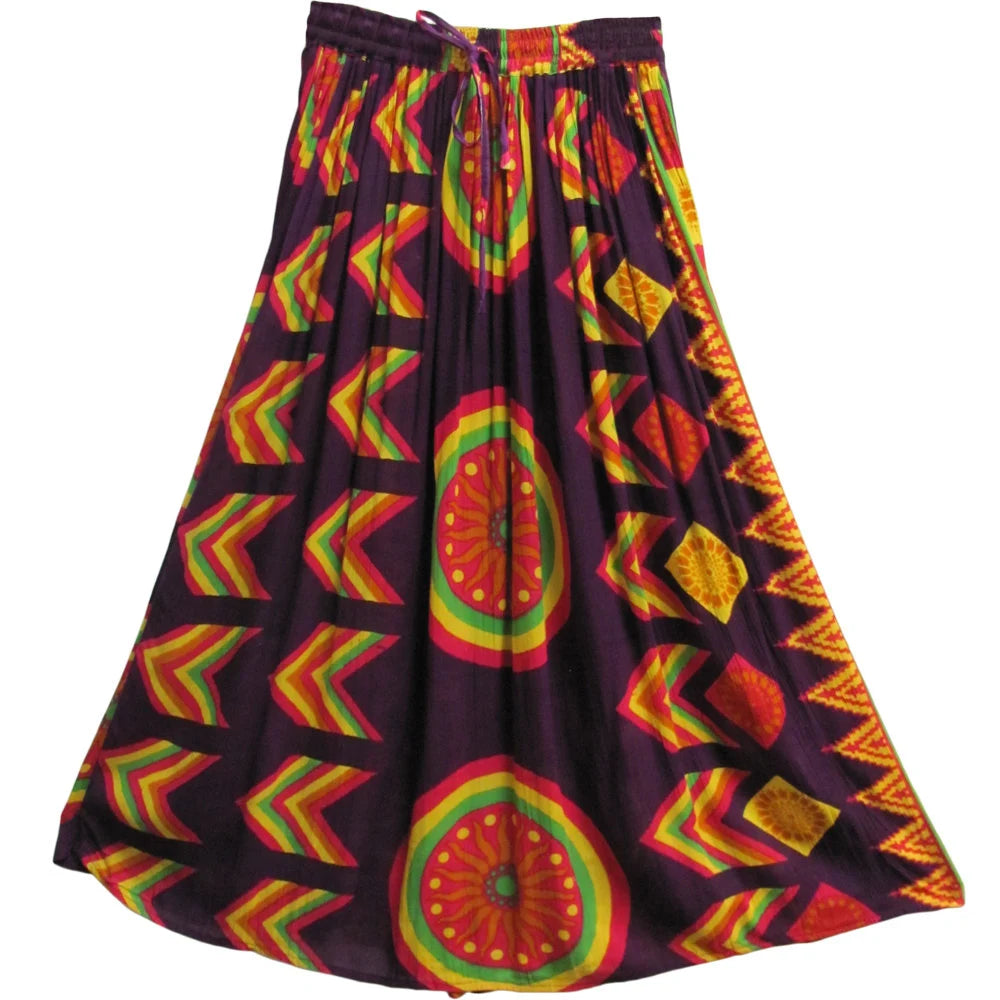 Indian Ethnic Print Gypsy Bohemian Crinkled Broomstick Long Skirt Purple and Yellow #5