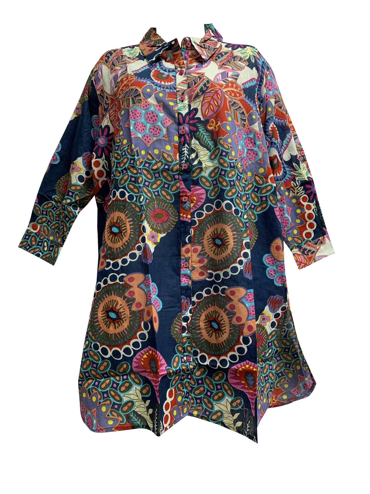 Indian Gauze Cotton Roll Tab 3/4 Sleeve Long Tunic Loose Fit Shirt Dress  Sita (#36, Regular)