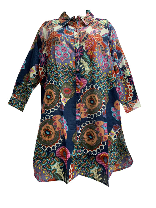 Indian Gauze Cotton Roll Tab 3/4 Sleeve Long Tunic Loose Fit Shirt Dress  Sita (#36, Regular)