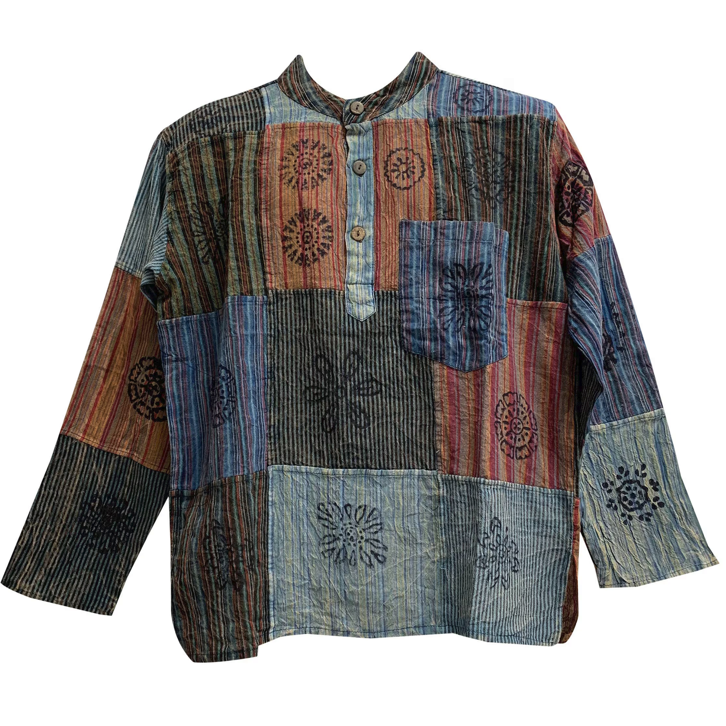 Men's Mandarin Collar Vintage Hand made  Patchwork Pure Cotton Ethnic Print Bohemian Long Sleeve Boho Kurta Shirt