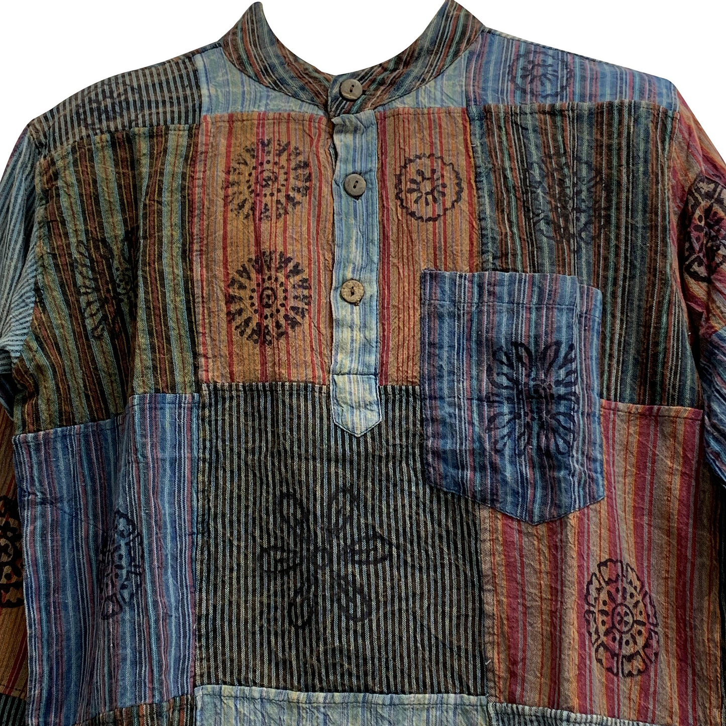 Men's Mandarin Collar Vintage Hand made  Patchwork Pure Cotton Ethnic Print Bohemian Long Sleeve Boho Kurta Shirt