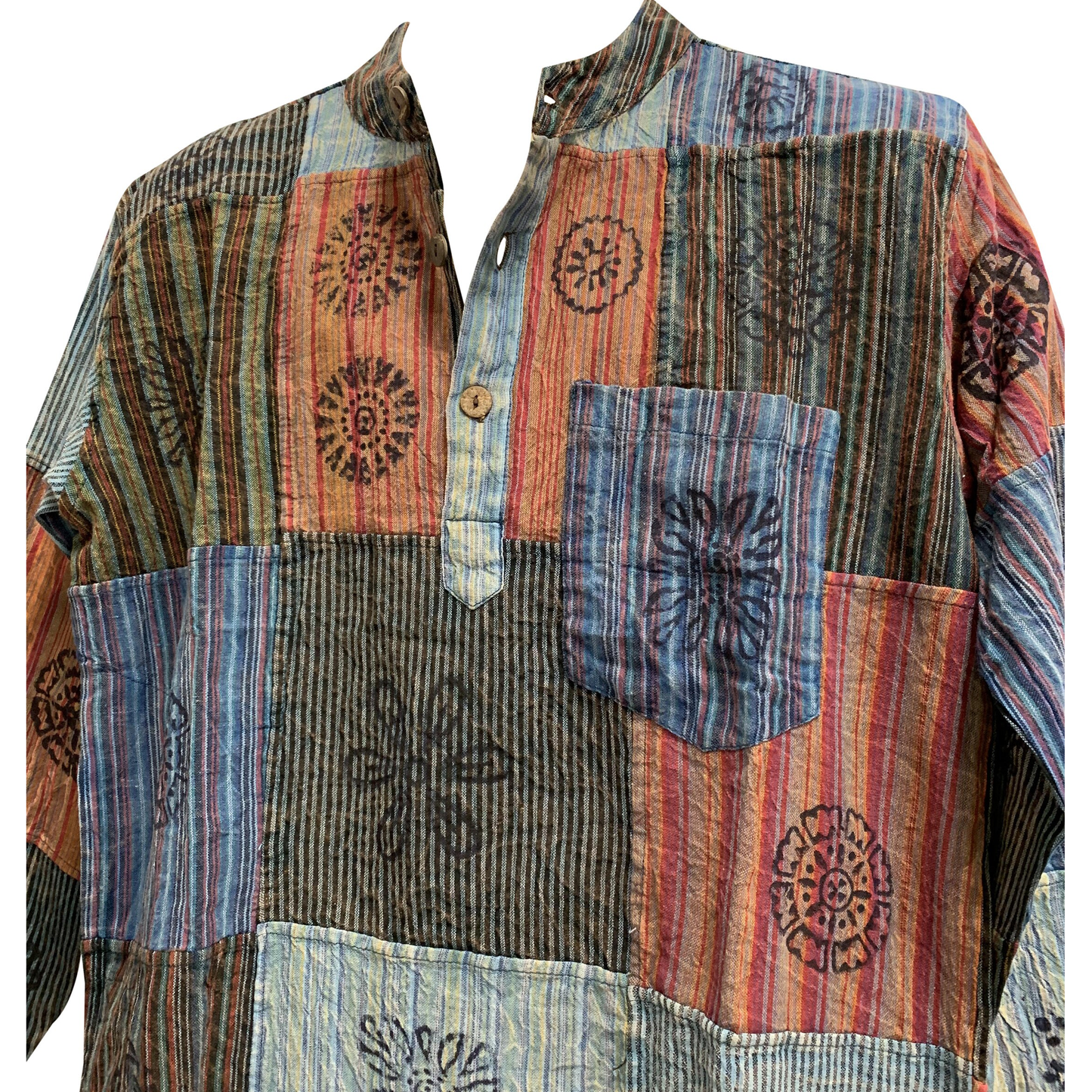 Men's Mandarin Collar Vintage Hand made  Patchwork Pure Cotton Ethnic Print Bohemian Long Sleeve Boho Kurta Shirt