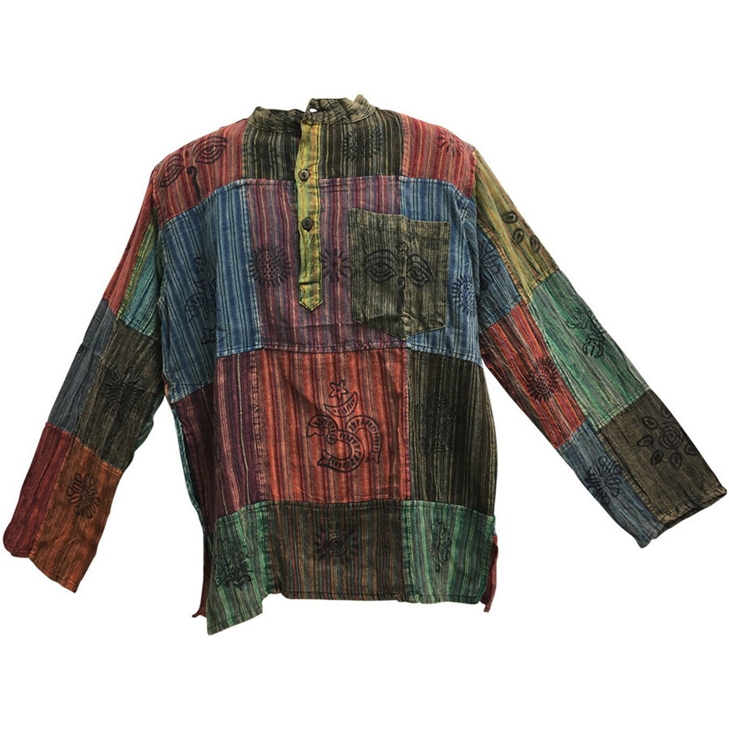 Men's Mandarin Collar Vintage Hand made  Patchwork Pure Cotton Ethnic Print Bohemian Long Sleeve Boho Kurta Shirt