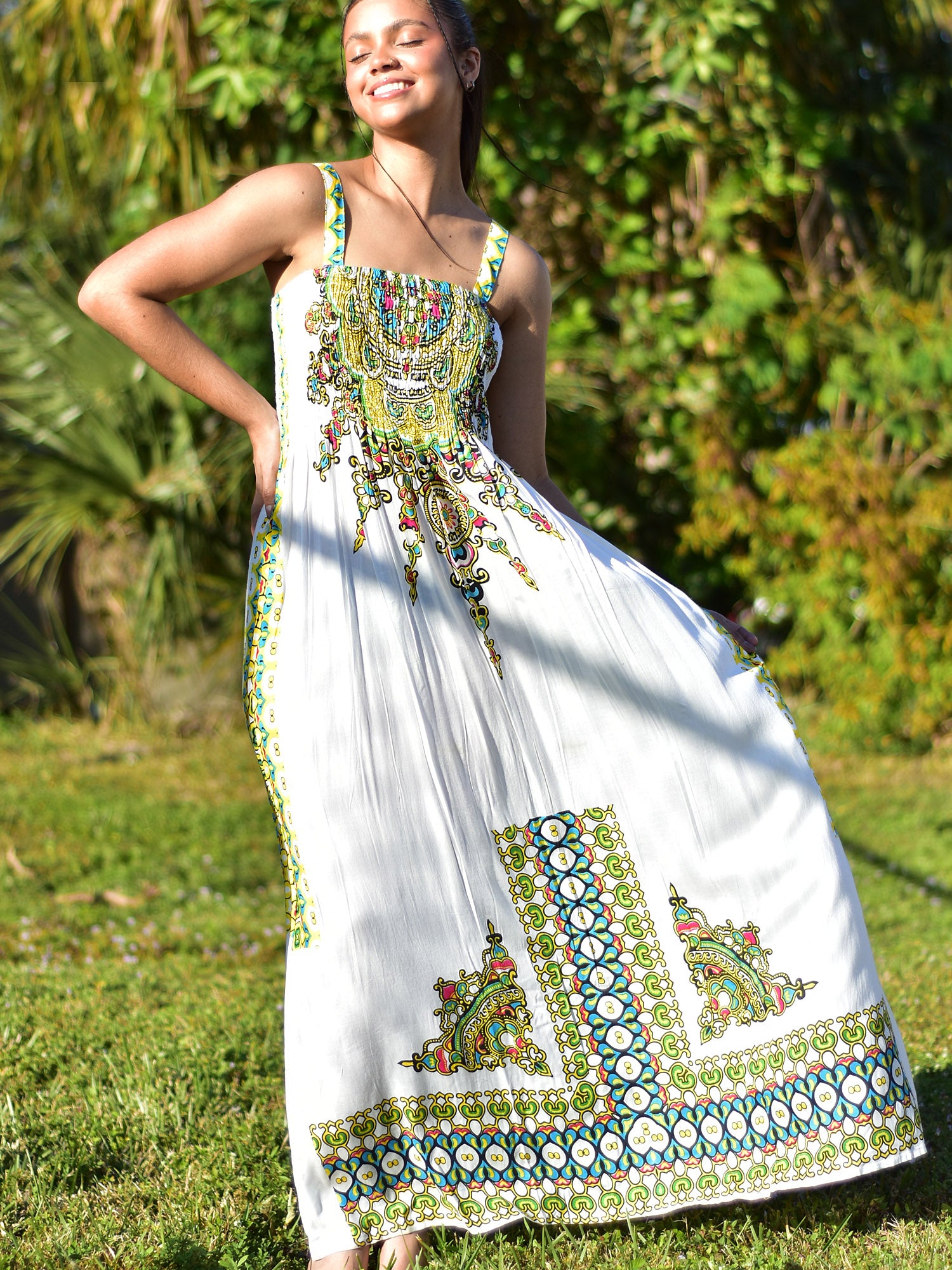 Boho Summer Tribal Ethnic Print Maxi Dress | Smocked Waist Sleeveless A-Line Long Dress Maya USA 12 Pink Boho Summer Tribal Ethnic Print Maxi Dress | Smocked Waist Sleeveless A-Line Long Dress Maya USA 12 Pink
