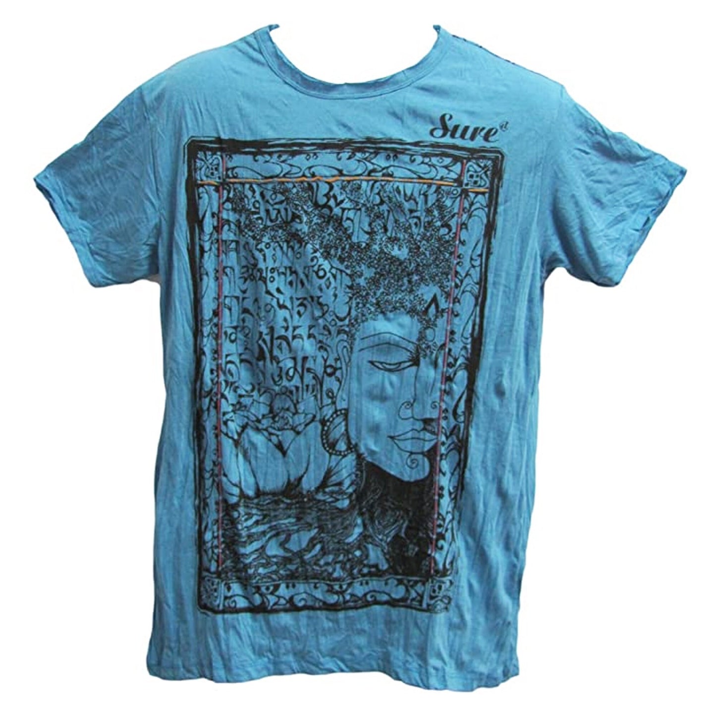 Men's Ethnic Print Lotus Yoga Hippie Boho Crinckled Cotton Blue T-Shirt (Small/Medium)