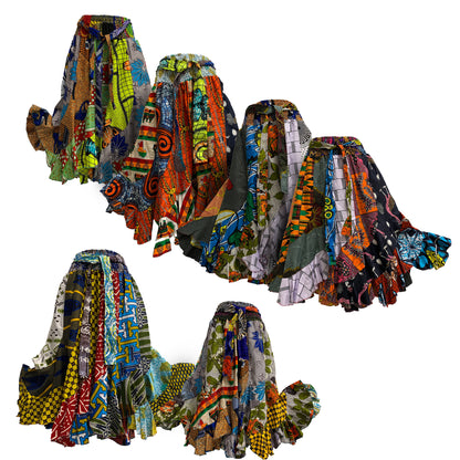 Bohemian Handmade Patchwork African Tiered Skirt Pure Wax Cotton Midi Ruffled Skirt With Head Scarf With Bow Tie Skirt With Pockets [ASSORTMENTS]