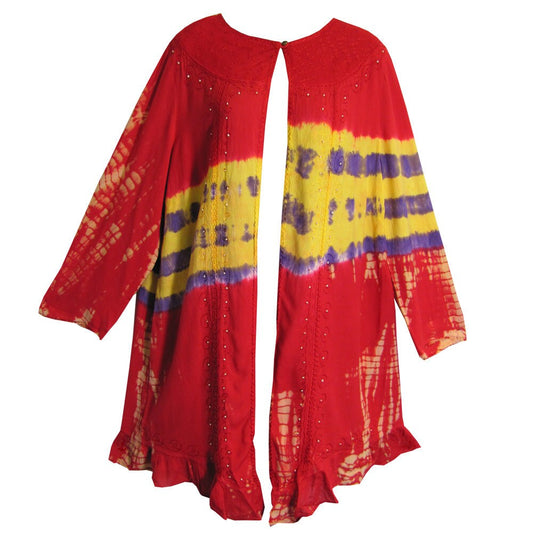 Missy Plus Red & Yellow Tie-Dye Ruffled Stonewash Bohemian Shrug Bolero Jacket