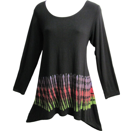 Missy Spandex Yoga Clothing Hippie Tie-Dye Long Sleeve Tunic Top  (Black/Rainbow)