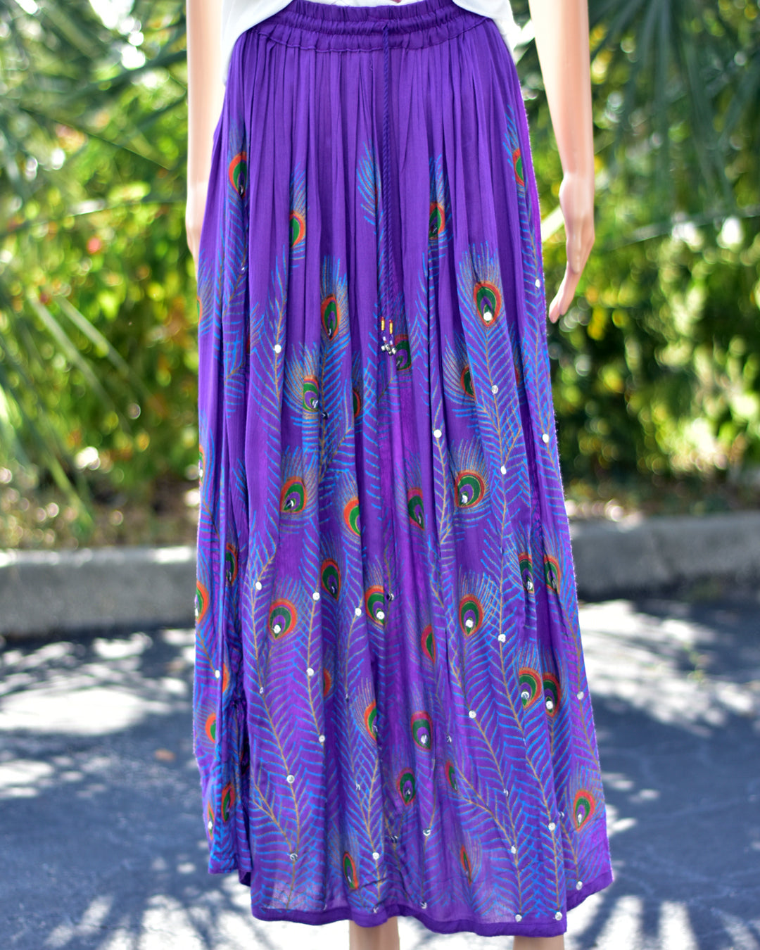 Sequin Peacock Print Crinkled Gypsy Skirt