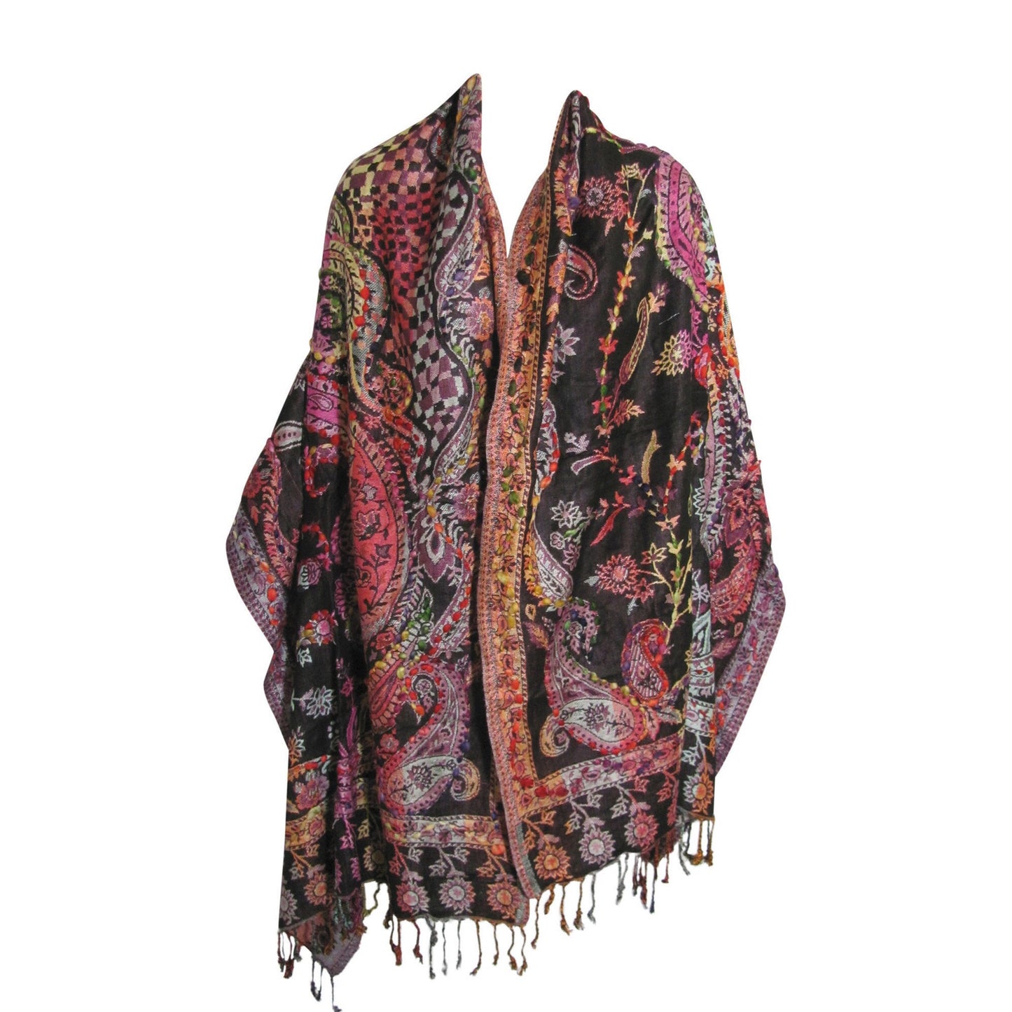 Indian Ethnic Paisley Hand-Embroidered Silky Reversible Pashmina Shawl Stole Scarf SONALI