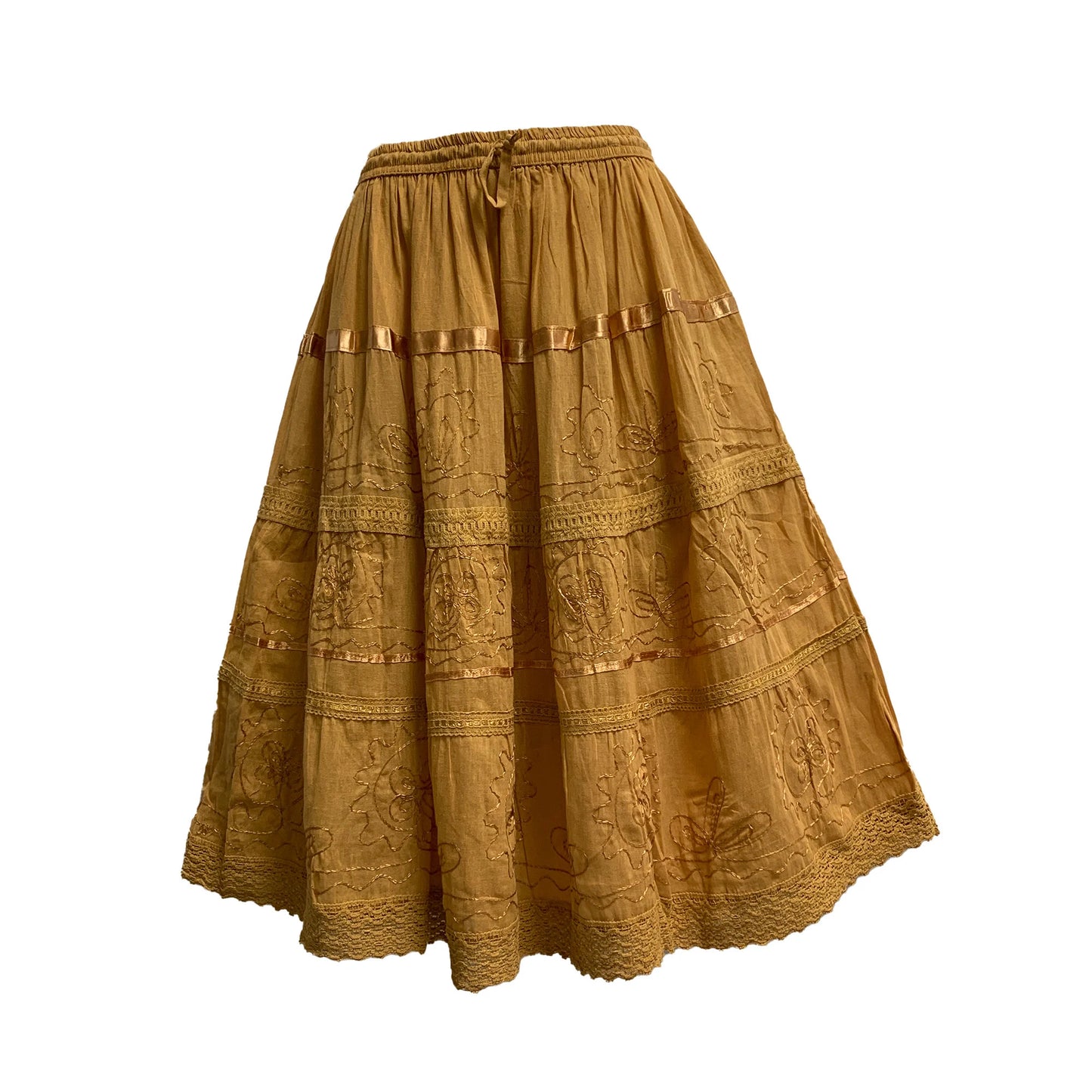 Womens Plus Size Three-Tier Bohemian Gauze Cotton Long Skirt Embroidered Skirt Boho solid color plain Maxi Skirt