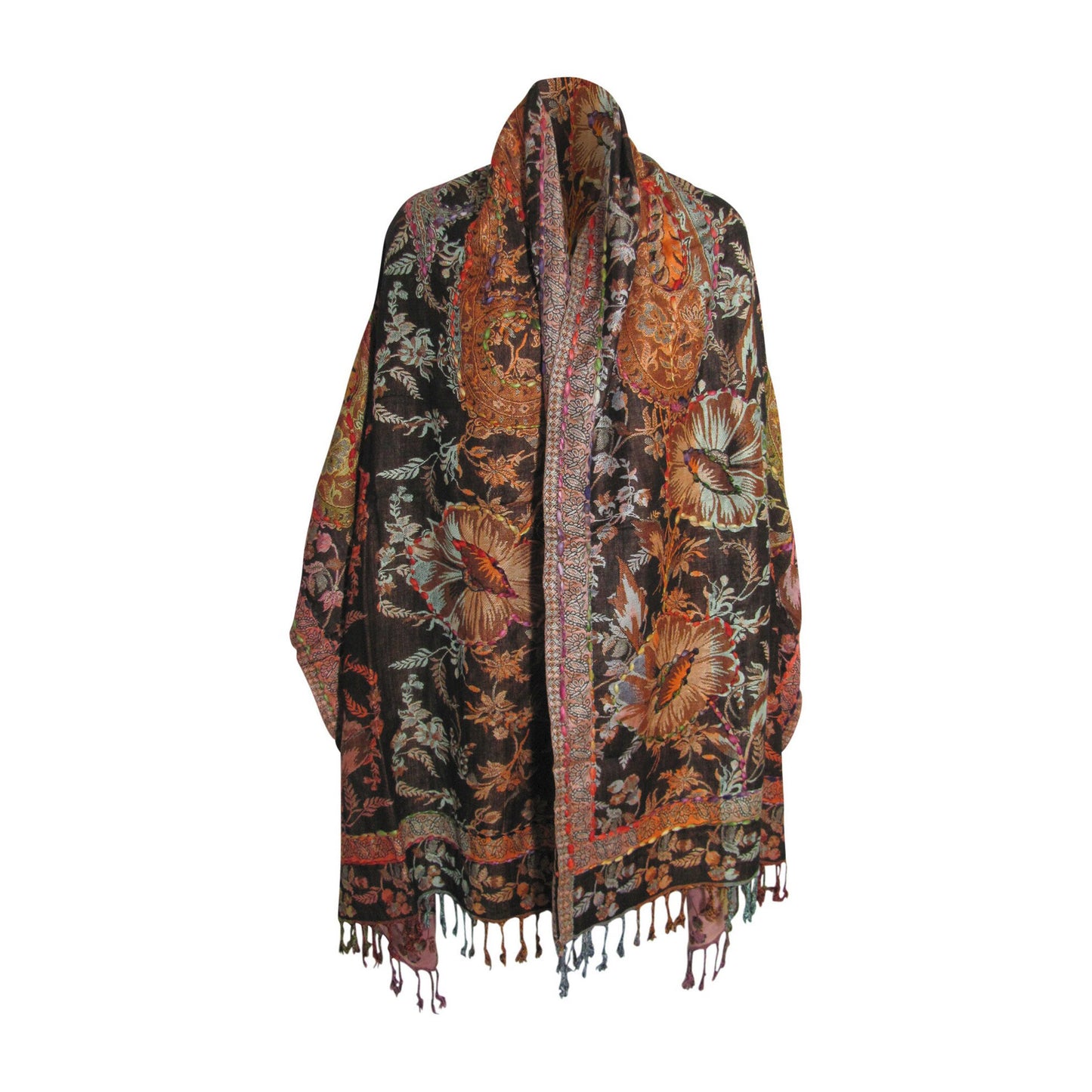 Indian Ethnic Paisley Hand-Embroidered Silky Reversible Pashmina Shawl Stole Scarf SONALI