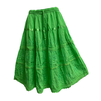 Womens Plus Size Three-Tier Bohemian Gauze Cotton Long Skirt Embroidered Skirt Boho solid color plain Maxi Skirt