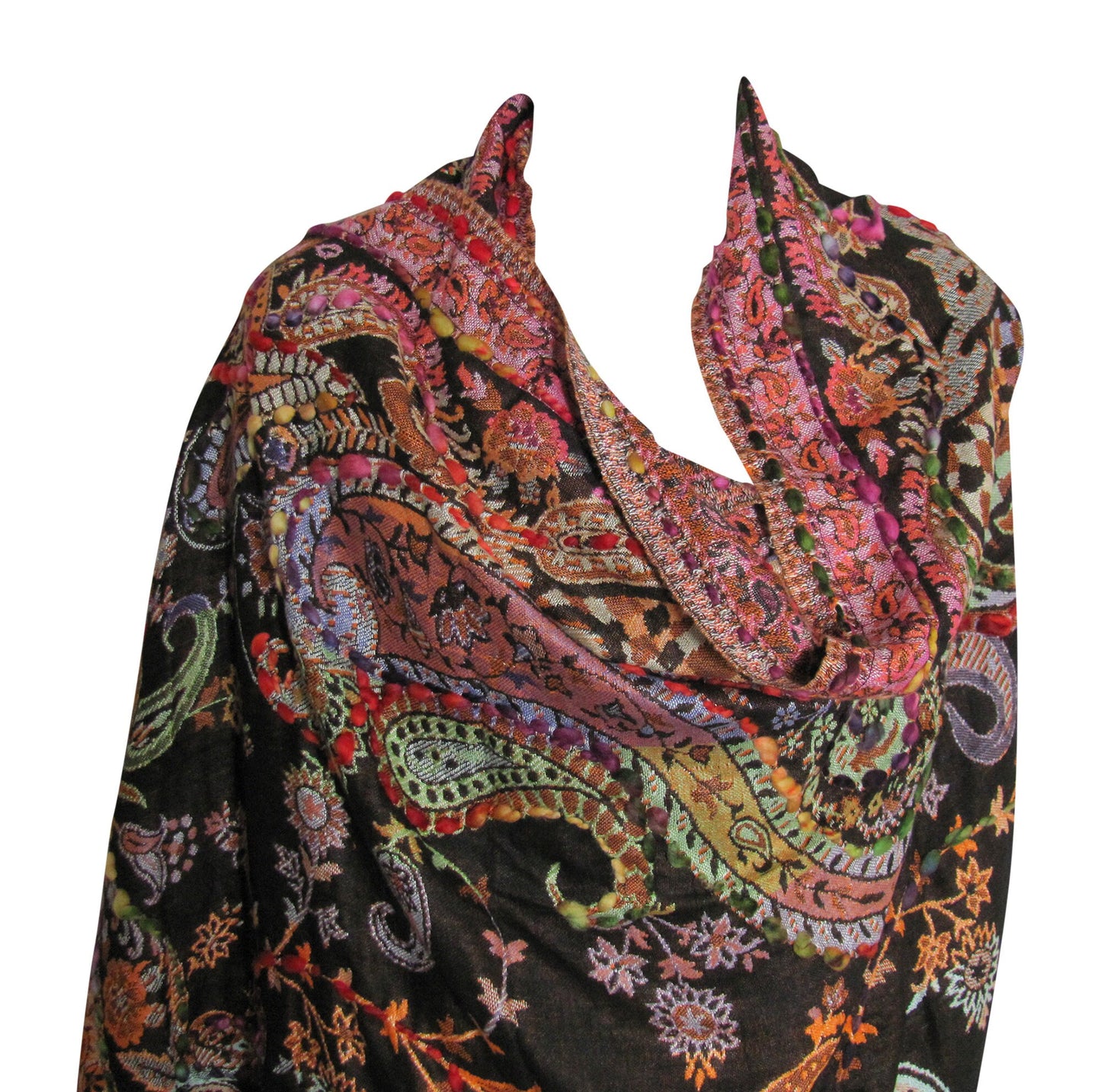 Indian Ethnic Paisley Hand-Embroidered Silky Reversible Pashmina Shawl Stole Scarf SONALI