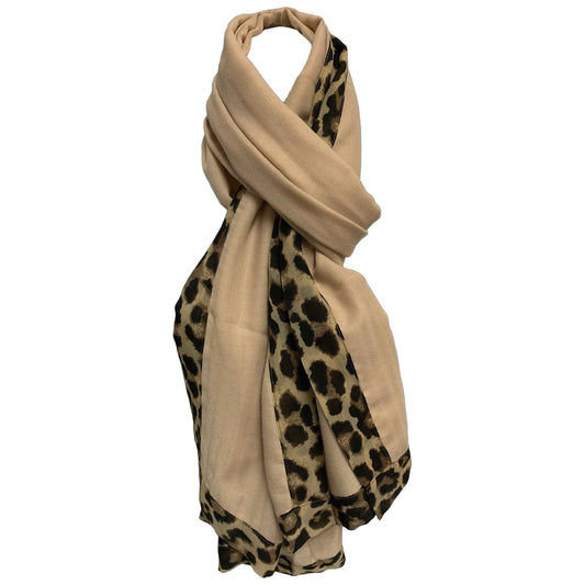 Leopard Print Border Soft Cotton Blend Large Fashion Shawl Wrap Scarf