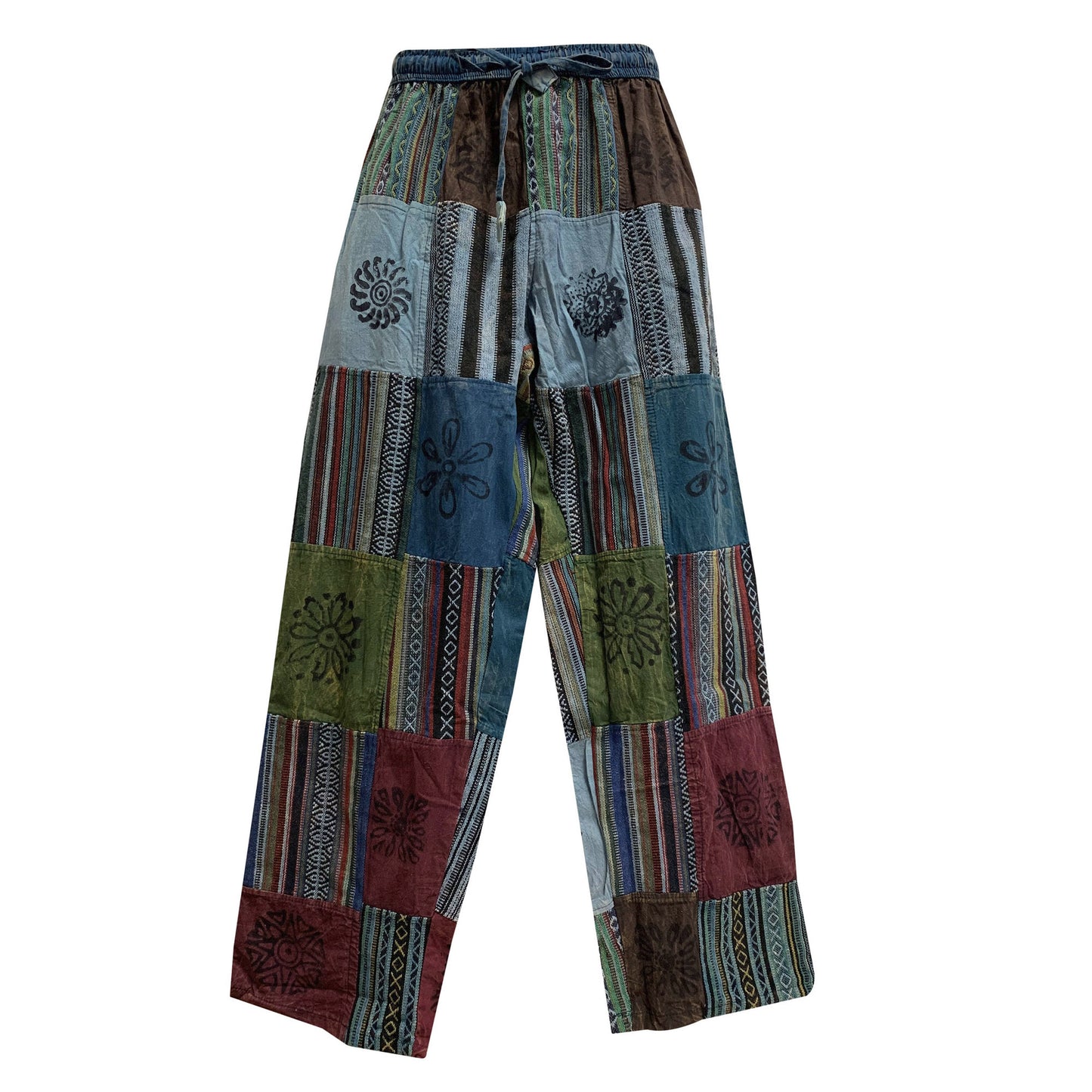 Unisex Boho Bohemian Hippie Festival Yoga Ethnic Print Patchwork Stonewashed Heavy Cotton Trouser Pants