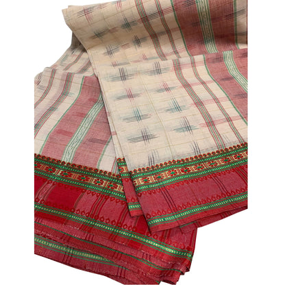 Vintage Hand Woven 100% Pure Cotton With Cream & Red Zari Border 5 1/2yd Fabric  Kalamkari Saree Sari