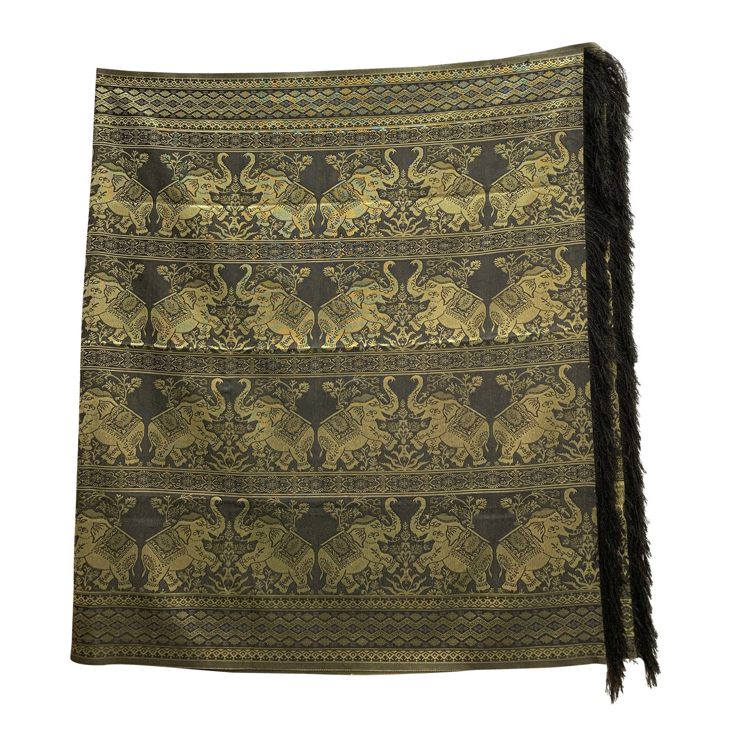 Indian Home Fashion Black and Gold Elephant Brocade Fringed Tapestry Throw Runner