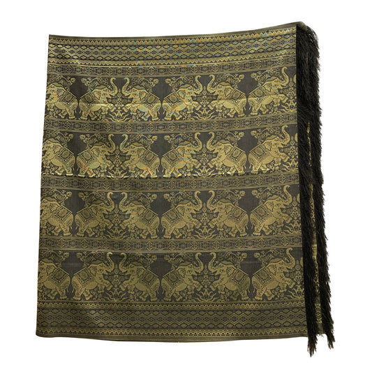 Indian Home Fashion Black and Gold Elephant Brocade Fringed Tapestry Throw Runner