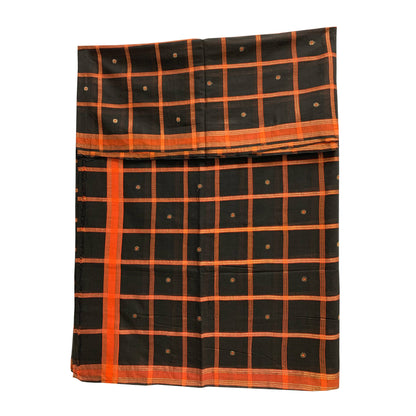 Vintage Hand Woven Soft Cotton  Black with Orange Zari Border 5 1/2yd Fabric Saree Sari