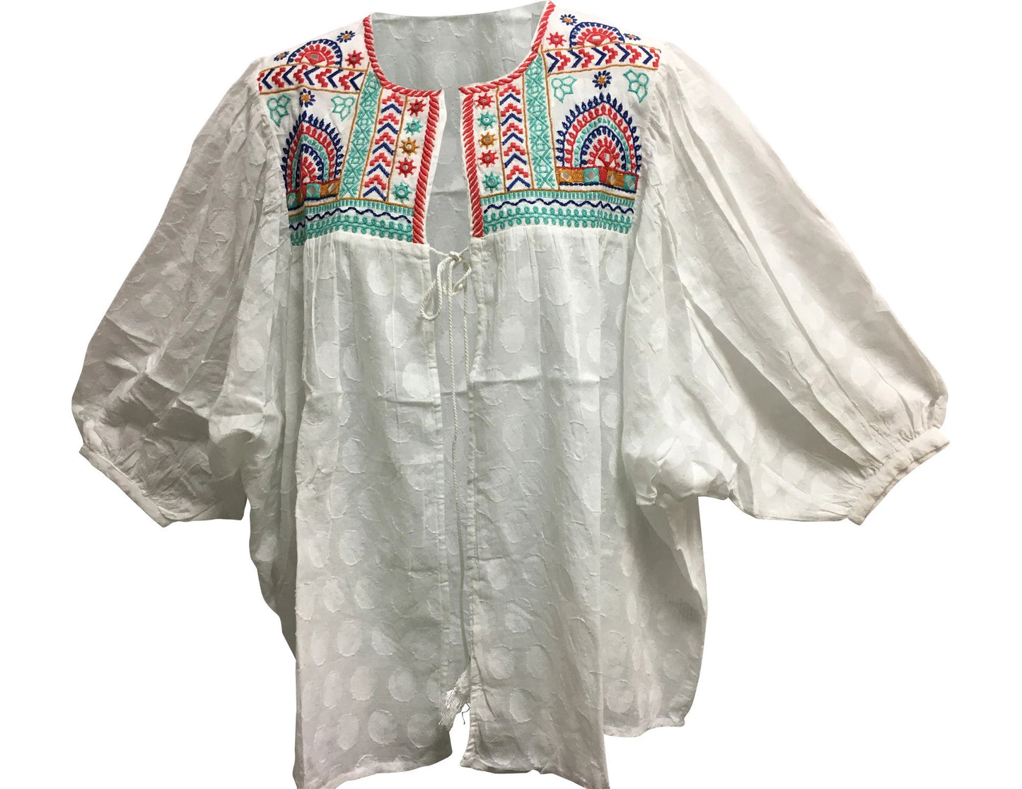 Bohemian Eye Catching Multicolored Embroidered White Cotton Kimono Casual Cover Up Top Blouse Plus Size Open Front Cardigan