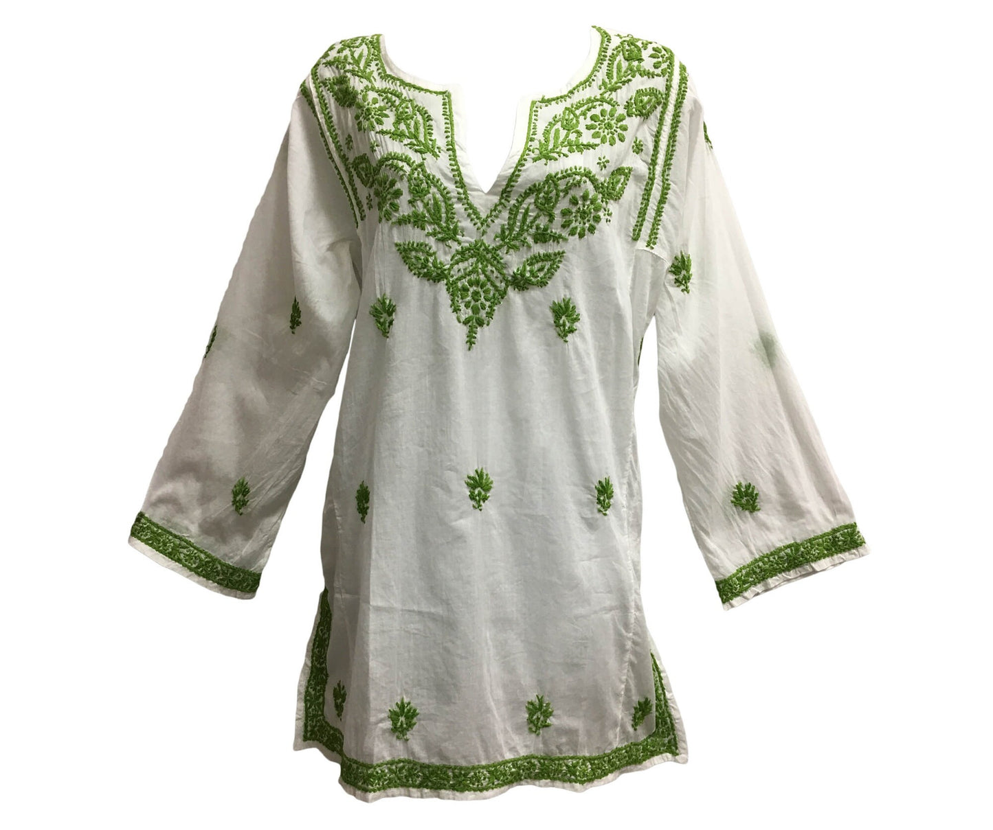 Indian White Hand Embroidered Split V-Neck Long Sleeve Tunic Kurti