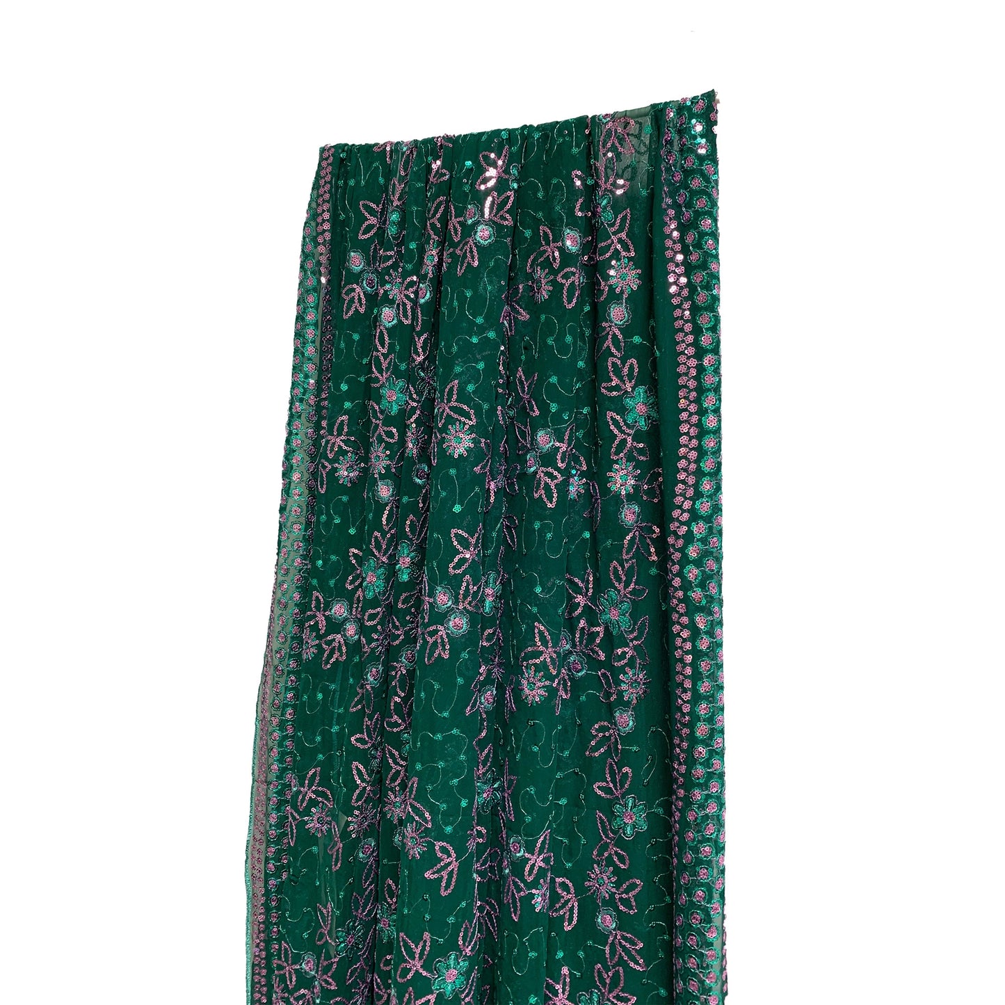 Bohemian Forest Green & Pink Georgette Saree Sari Shimmering Sequin Embroidered Fabric Shawl