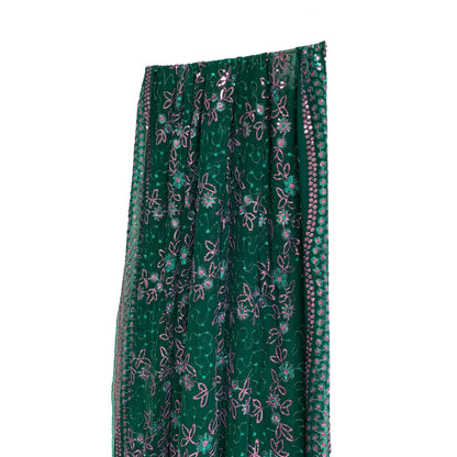 Bohemian Forest Green & Pink Georgette Saree Sari Shimmering Sequin Embroidered Fabric Shawl