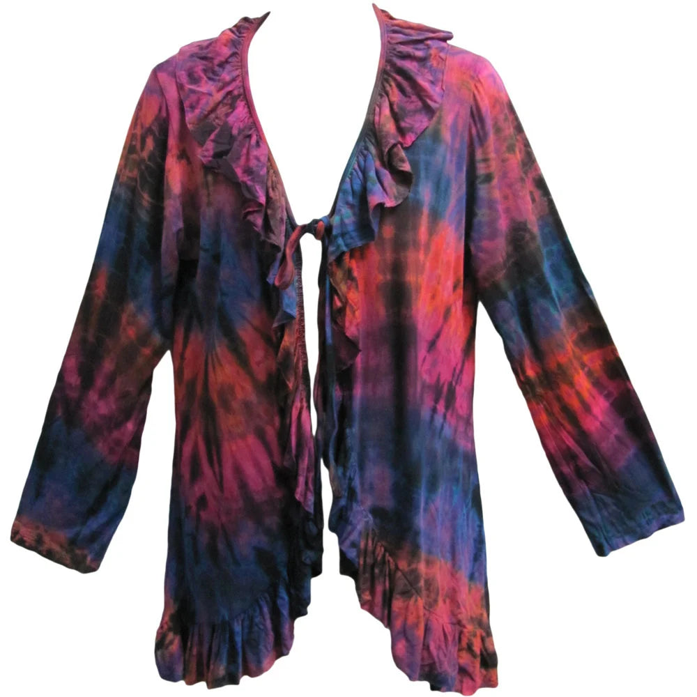 Women's Hippie Gypsy Spandex Tie-Dye Fashion Ruffle Cardigan Jacket