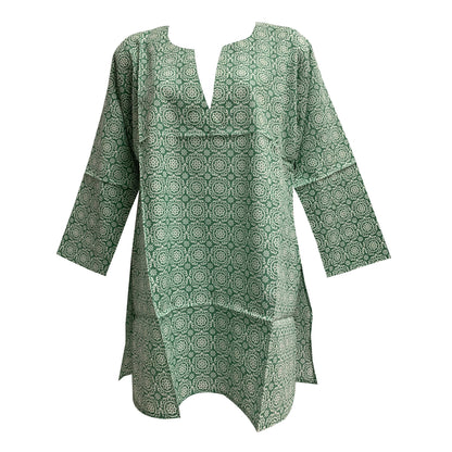 Women's Boho Bohemian Indian Cotton Green Mandala Printed Kurti Tunic Dress Blouse ANJU #2