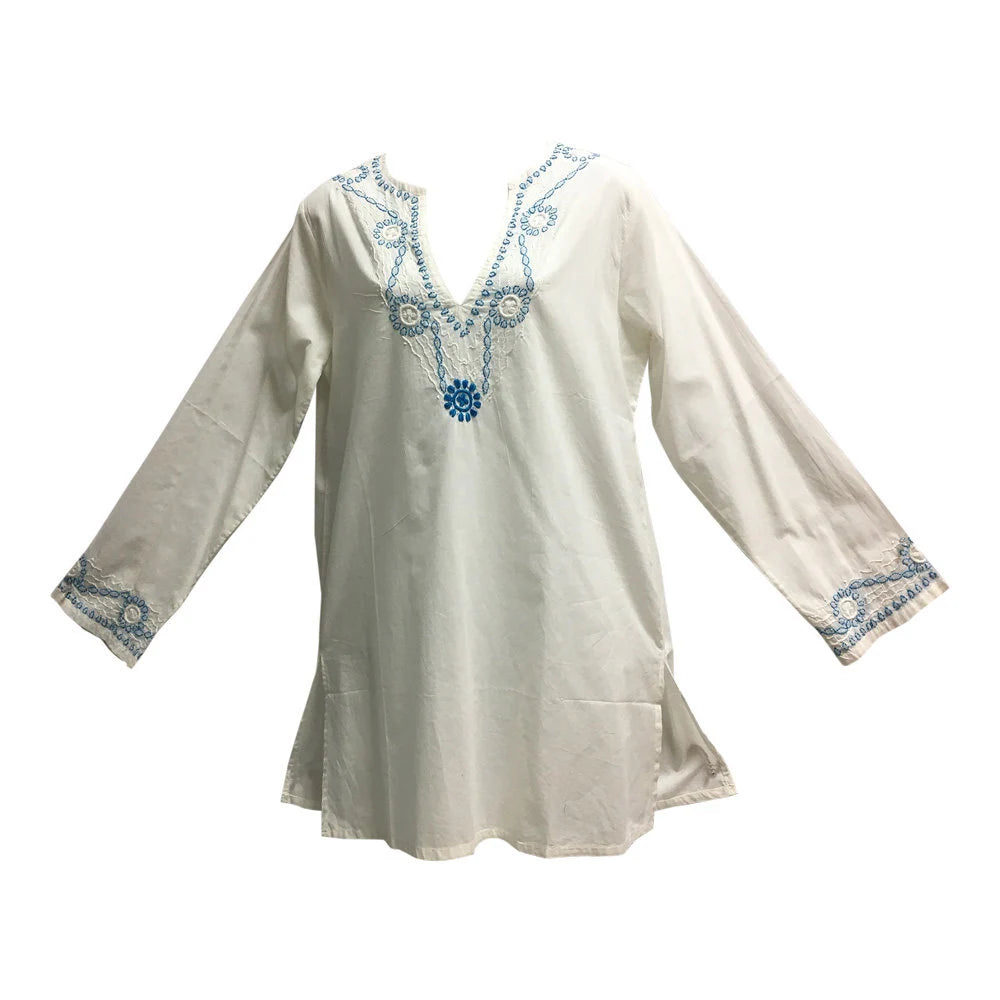 White Hand Embroidered Indian Ethnic Classic Cotton Split V neck Long Sleeve Long Tunic Blouse Top