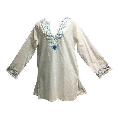 White Hand Embroidered Indian Ethnic Classic Cotton Split V neck Long Sleeve Long Tunic Blouse Top