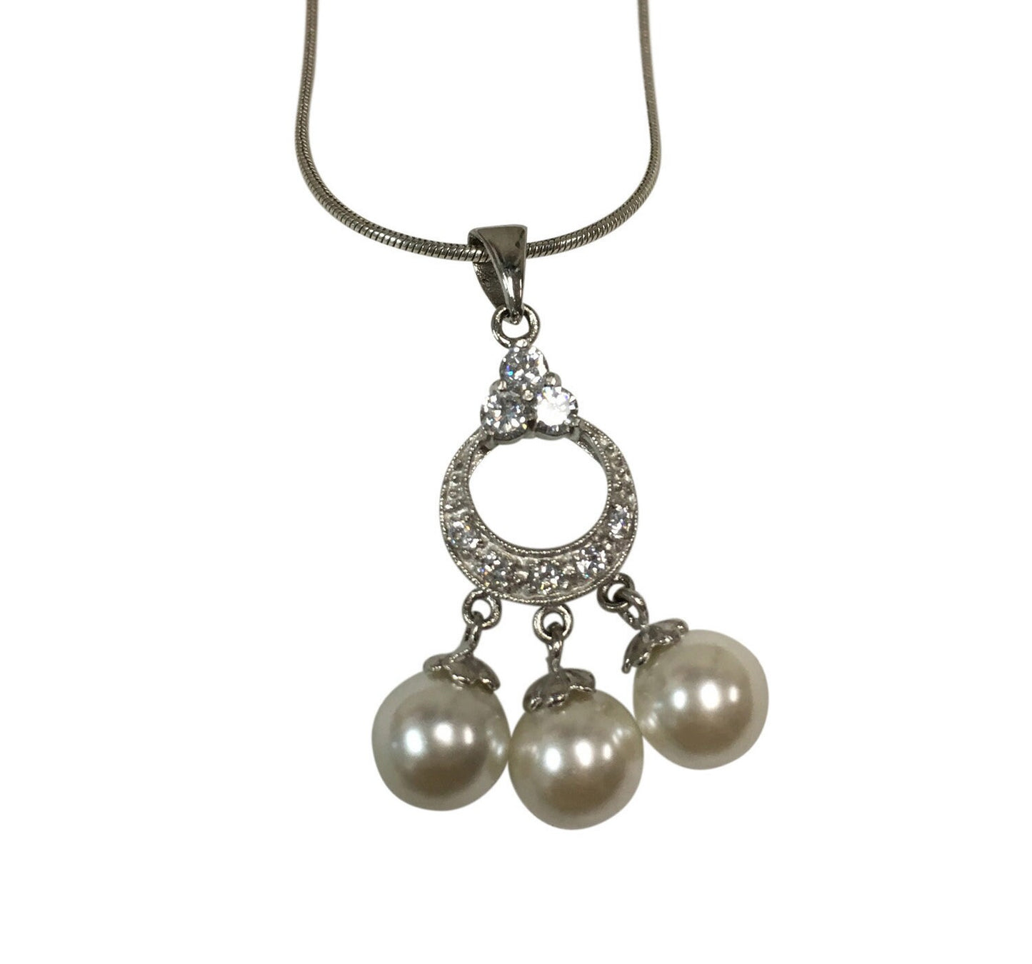 Indian Silver Dangling Three Pearl Cubic Zirconia Pendant