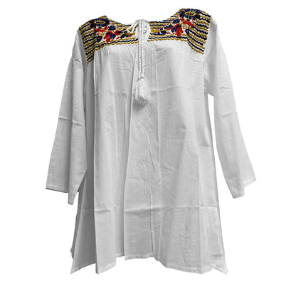 Indian Ethnic Hand Embroidered White Pure Cotton Boho Peasant Loose Fit Tunic 3/4 Sleeve Blouse Large