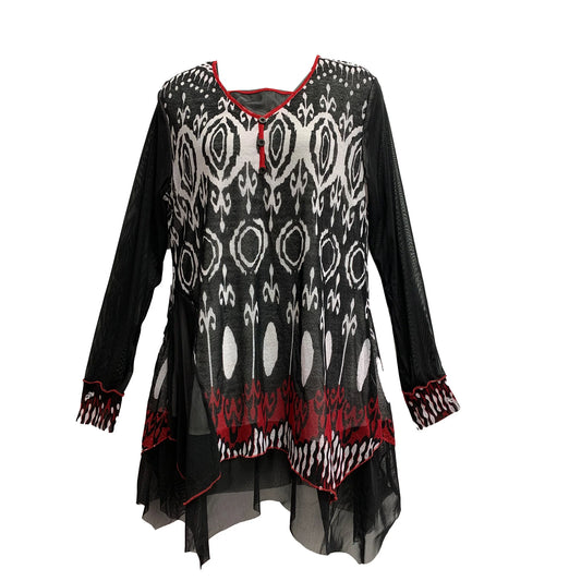 Womens Bohemian Geometric Print Long Sleeve Sharkbite Hem Black White and Red Long Tunic Blouse