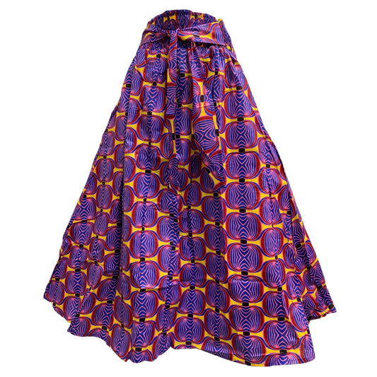 Bohemian African Wax Cotton Blue Purple Yellow Geometric Ethnic Print Flared Long Maxi Skirt with Pockets #99