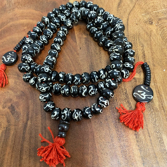 Handmade Traditional Tibetan 108 Count Bone Bead With Spacer And Om Written on each Bead Japa Mala Prayer Yoga Meditation Necklace