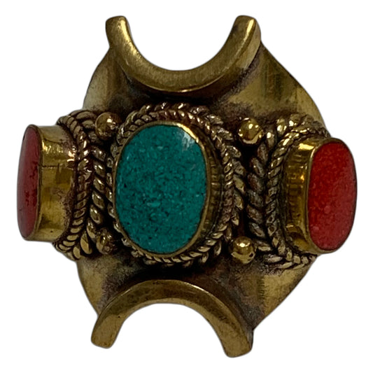 Tibetan Turqouise & Red Coral Vintage Gold Toned Brass Tribal Ring