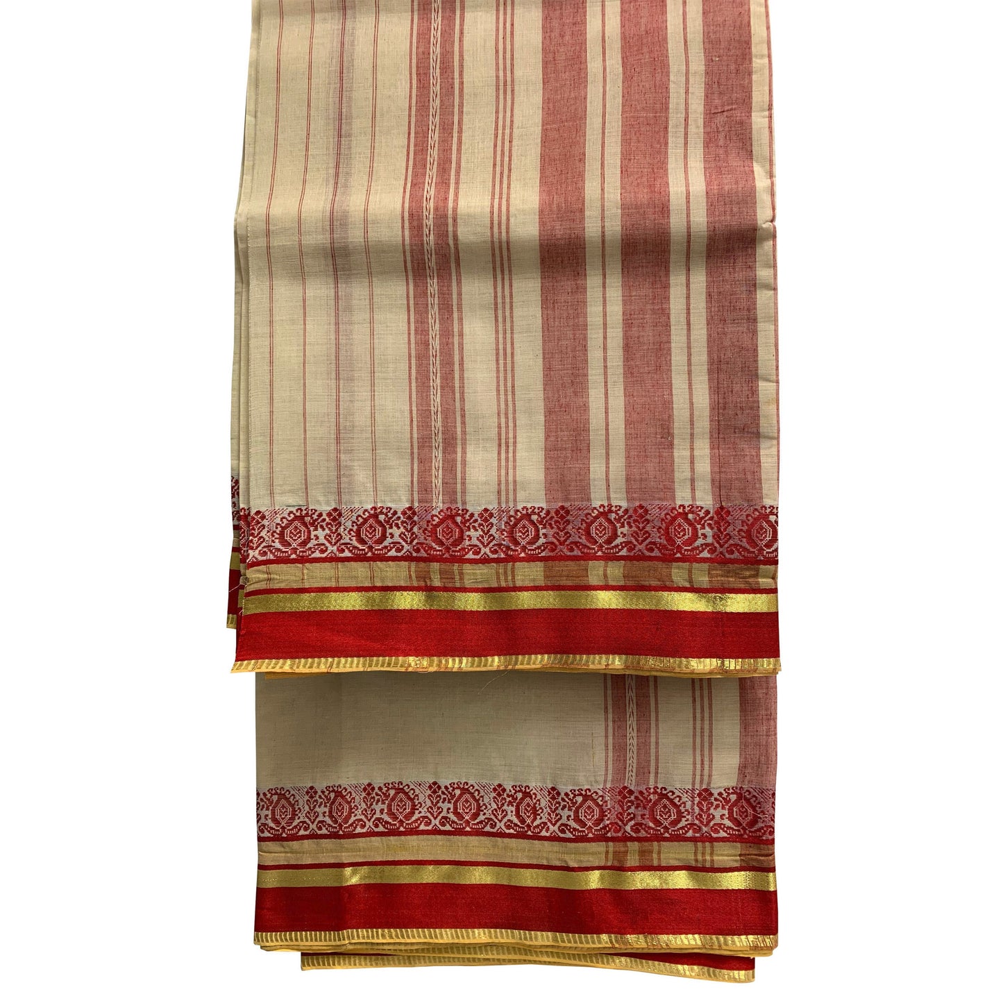 Vintage Hand Woven 100% Pure Cotton With Gold & Red Zari Border 5 1/2yd Fabric Kalamkari Saree Sari