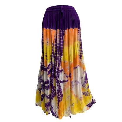 Purple Yellow Orange Tie-Dye Gypsy Broomstick Crinkled Long Skirt #92